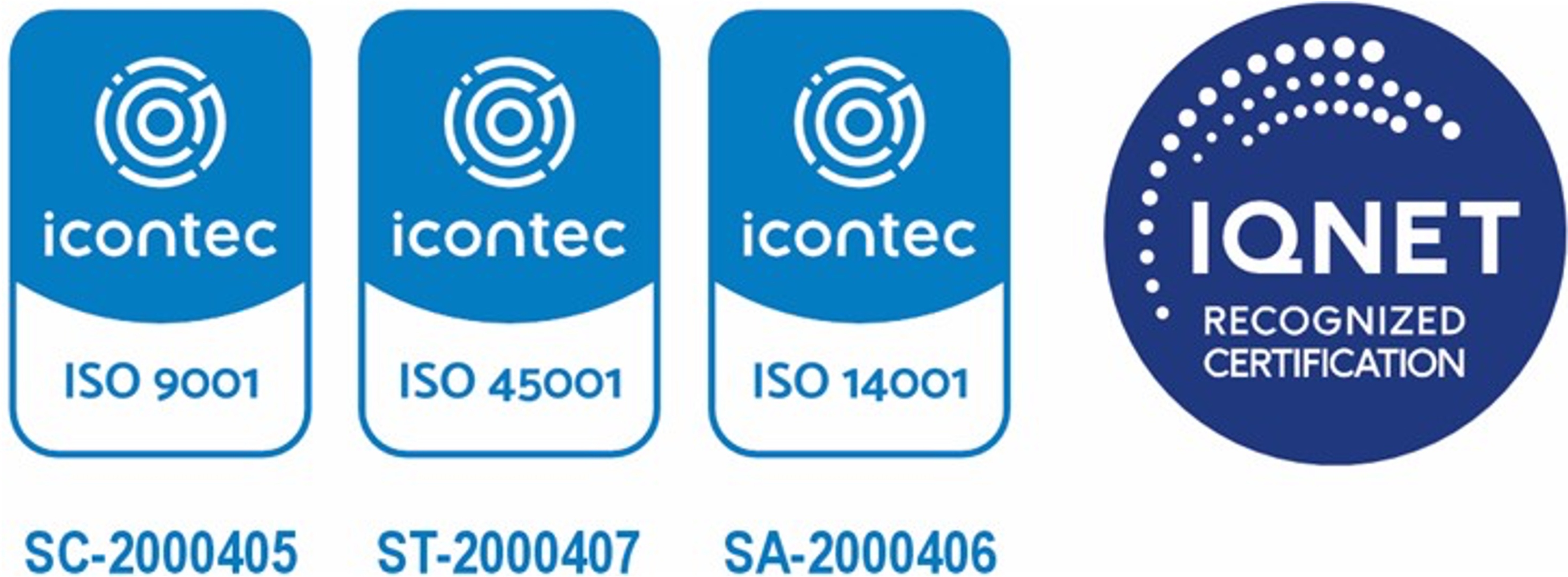 Certificaciones ICONTEC ISO 9001, ISO 45001, ISO 14001, IQNET